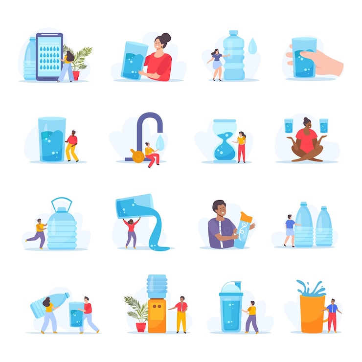 Gratis Vector waterbalans set platte geïsoleerde iconen met menselijke karakters waterkoelers flessen dispensers en glazen vector illustratie