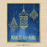 Gratis vector watercolor mawlid kaart met gouden lantaarns