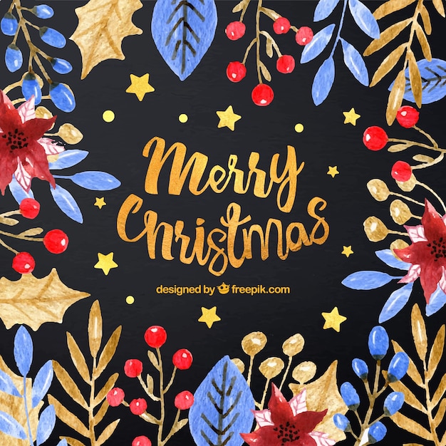 Gratis vector watercolor merry christmas achtergrond met bladeren en bloemen