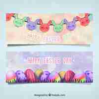 Gratis vector watercolor pasen banners met konijn krans en kleurrijke eieren