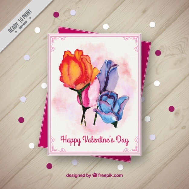 Gratis Vector watercolor rozen kaart voor valentijnsdag
