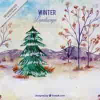 Gratis vector watercolor winter achtergrond met kerstboom