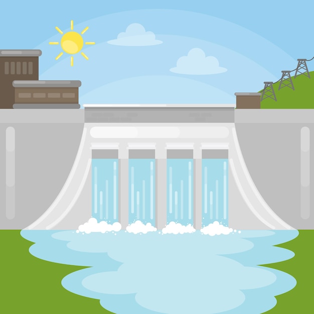 Waterkracht dam illustratie Zon met water Duurzame energie