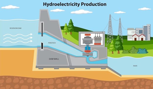 Gratis vector waterkrachtcentrale dam en turbine concept