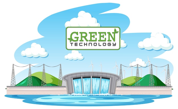Gratis vector waterkrachtcentrales wekken elektriciteit op met groene banner