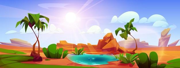 Gratis vector waterplas en palmbomen in hete woestijn vector cartoon illustratie van rotsachtig landschap met stenen natuurlijke oase met klein meer en groene planten rond de zon schijnt helder in de blauwe lucht met wolken