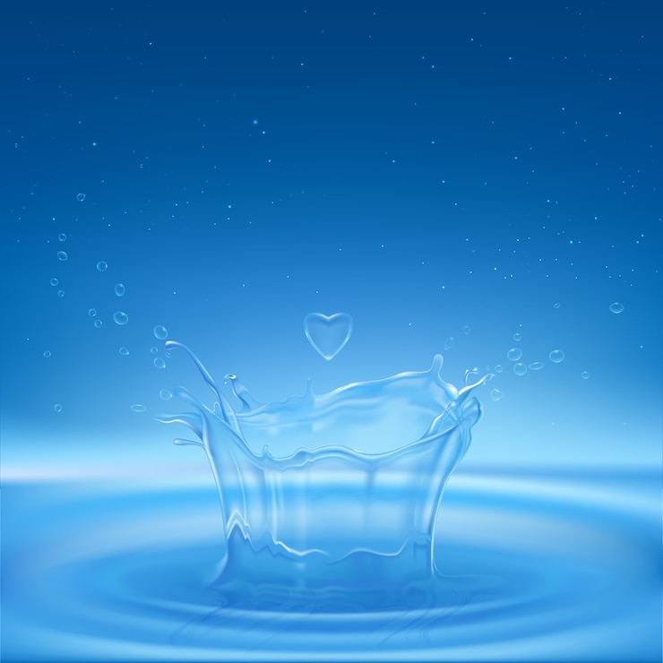 Gratis Vector waterplons in vorm van kroon met spuitdruppeltjes, hartdruppel en verspreide cirkels op vloeistofoppervlak.