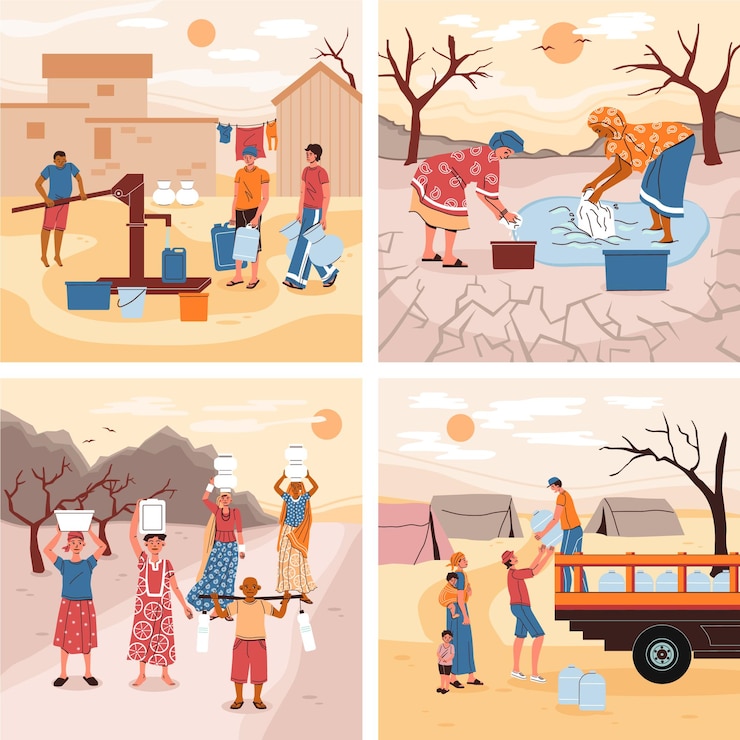Gratis Vector waterschaarste platte 2x2 set vierkante composities met buitenlandschappen en menselijke karakters die flessen vectorillustratie houden