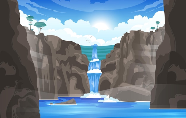 Waterval cartoon achtergrond met rivier stroom stroomt stenen gooien naar bergmeer vlakke afbeelding