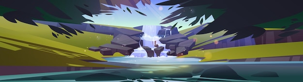 Watervalcascade in cartoon boslandschap