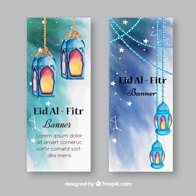 Waterverf banners met eid al fitr lampen