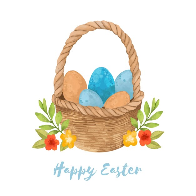 Waterverf het gelukkige Pasen-dag van letters voorzien met mand met eieren