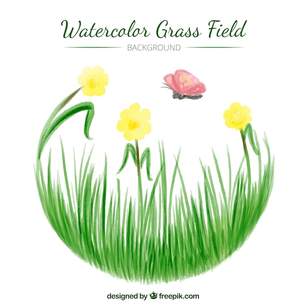 Gratis vector waterverf het grasveld met vlinder