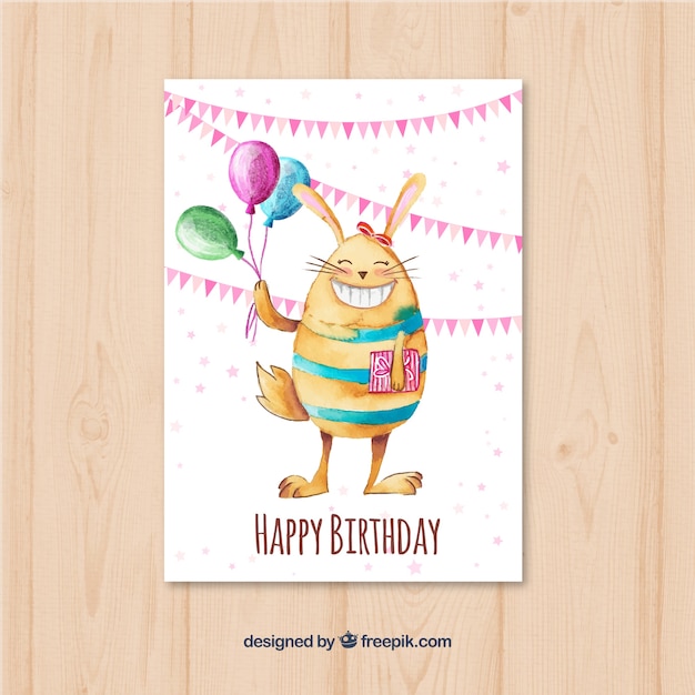 Waterverf konijn verjaardagskaart met ballonnen
