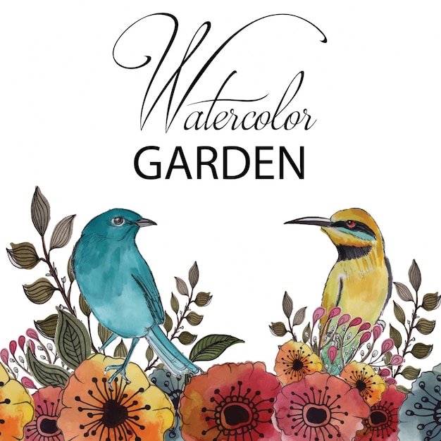 Waterverf tuin met bloemen en vogels