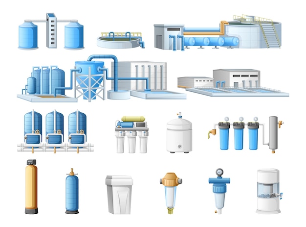 Waterzuiveringstechnologie cartoon set met reiniging filtratie industriële en huishoudelijke apparatuur geïsoleerde vectorillustratie