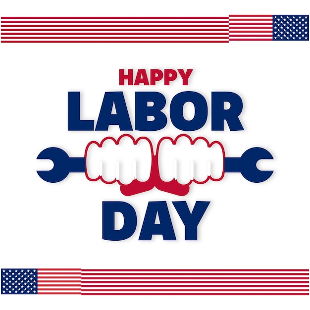 Waving Amerikaanse vlaggen met typografie Labor Day Workers Handen Holding Wrench 4 september Verenigde Staten van Amerika American Labor Day Design Prachtige Verenigde Staten vlag Compositie Arbeid Dag Poster Design Witte Achtergrond