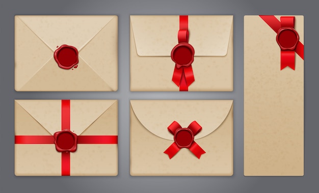 Wax sluit enveloppen en ansichtkaarten af met realistische geïsoleerde afbeeldingen van wenskaarten en papieren uitnodigingen