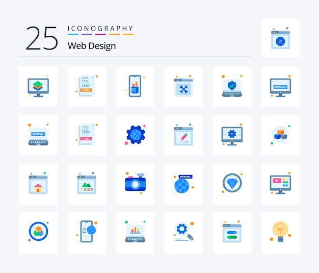 Web design 25 flat color icon pack inclusief instellingstools documentreparatietablet