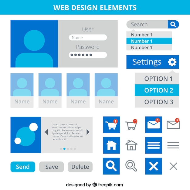 Web design elementen in blauwe kleur