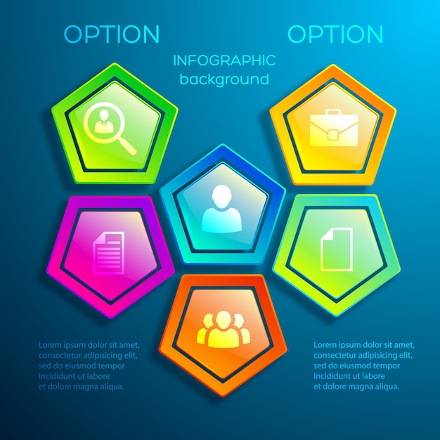 Web digitale infographic sjabloon met glanzende kleurrijke zeshoekige elementen en pictogrammen bedrijfs geïsoleerd