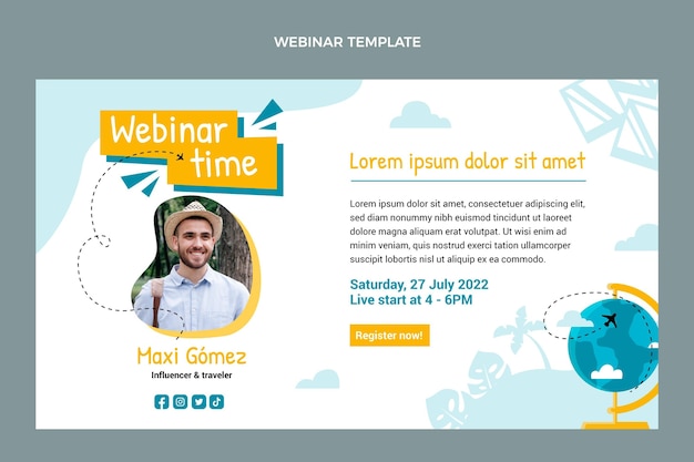 Gratis vector webinar-sjabloon voor reizen met plat ontwerp