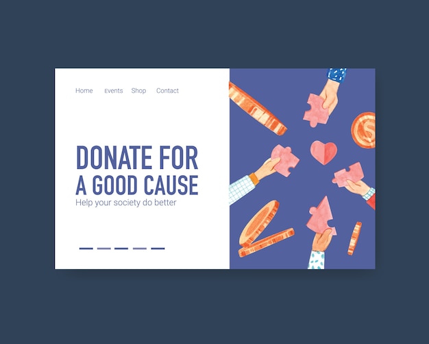Website bestemmingspagina sjabloon met internationale dag van liefdadigheid conceptontwerp voor online gemeenschap en internet aquarel vector.