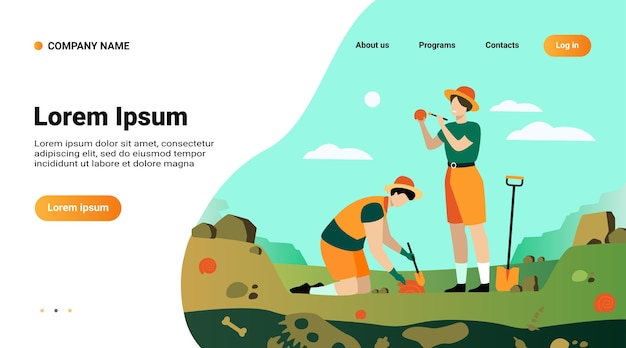 Gratis vector website sjabloon, bestemmingspagina met illustratie van archeoloog die overblijfselen van dinosaurussen ontdekt