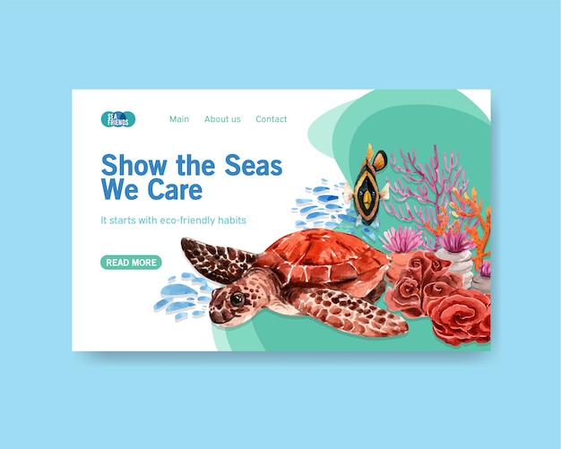 Gratis vector website sjabloonontwerp voor world oceans day concept met zeedieren, schildpad, vis en koraal aquarel vector