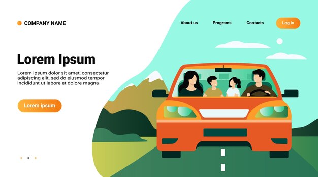 Websitemalplaatje, landingspagina met illustratie van gelukkige familie die in auto reizen geïsoleerde vlakke vectorillustratie
