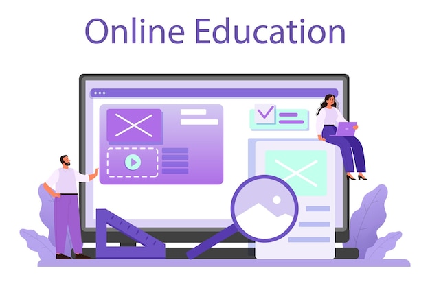 Websiteontwerp online service of platform inhoud presenteren op webpagina's samenstelling en kleur van websitelay-out online onderwijs platte vectorillustratie