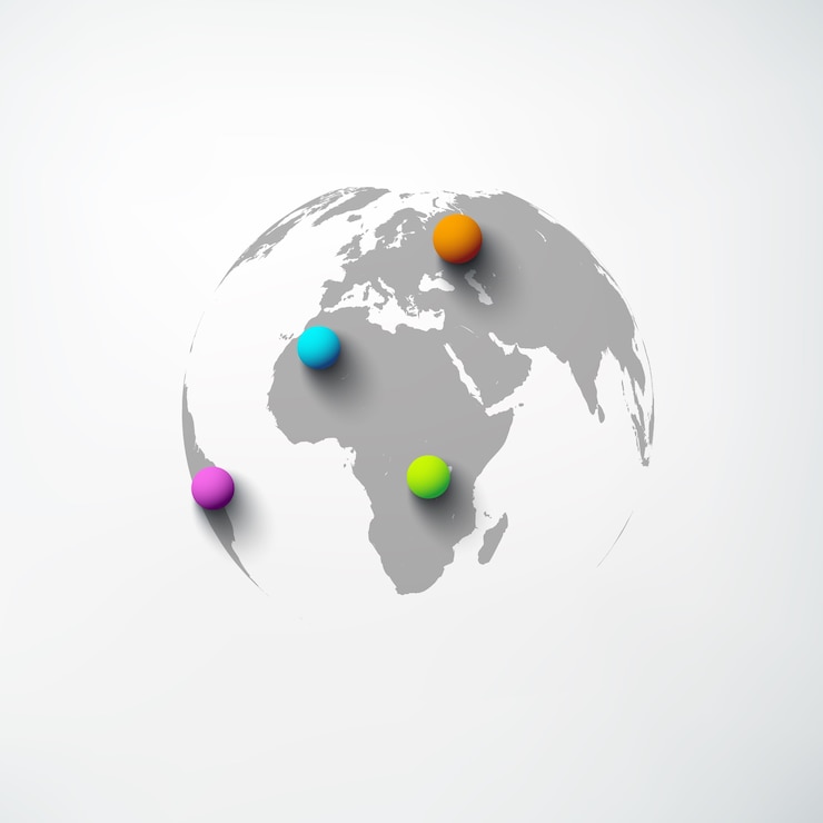 Gratis Vector websjabloon abstracte wereld met globe en kleurrijke ronde pinnen op wit geïsoleerd