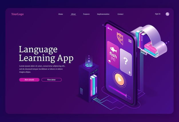 Websjabloon voor het leren van talen. Mobiele online onderwijsservice, digitale training van vreemde talen