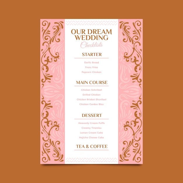 Gratis vector wedding menu sjabloon