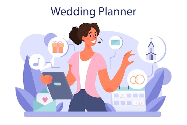 Gratis vector wedding planner concept professionele organisator planning bruiloft evenement bruid en verloofde mariage coördinatie platte vectorillustratie