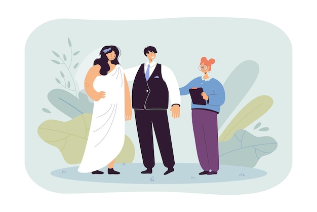 Weddingplanner die naast bruid en bruidegom staat. man in pak en vrouw in jurk trouwen platte vectorillustratie. familie, huwelijksconcept voor banner, websiteontwerp of bestemmingswebpagina