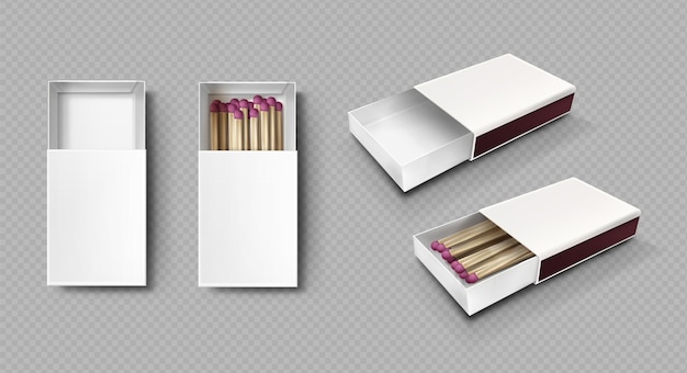 Wedstrijden in doos, lucifers met roze zwavel en houten stokken liggen in open geval bovenaanzicht en isometrische projectie geïsoleerd op transparante achtergrond, realistische 3D-vector rendering, mockup set