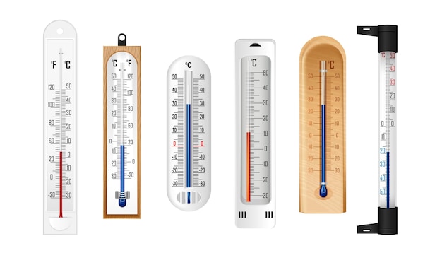 Gratis vector weer ethanol thermometer met celsius en fahrenheit schalen realistische collectie geïsoleerde vectorillustratie