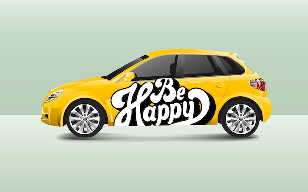 Gratis vector wees blij typografie op een hatchback auto vector