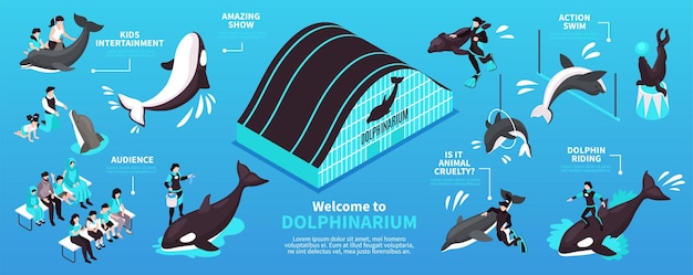 Gratis vector welkom bij de isometrische infographic-lay-out van het dolfinarium met elementen voor dolfijnrijden en entertainment voor kinderen