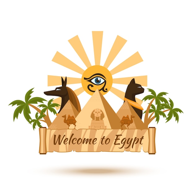 Gratis vector welkom in egypte. piramide en zon, sfinx en farao
