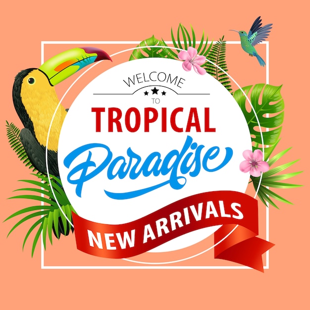 Welkom in het tropische paradijs, flyer voor nieuwe aanwinsten. roze bloesems, rood lint, bladeren