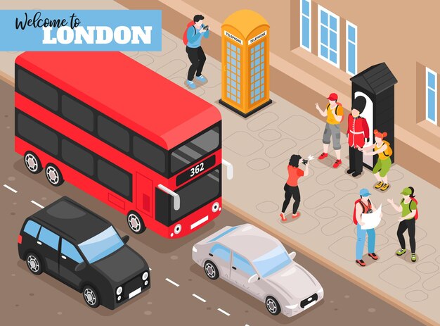 Welkom in Londen Isometrische illustratie met retro transport en toeristen gefotografeerd naast isometrische koninklijke wachtbox