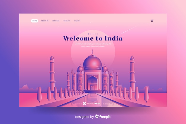 Gratis vector welkom op de landingspagina van india met mahal taj