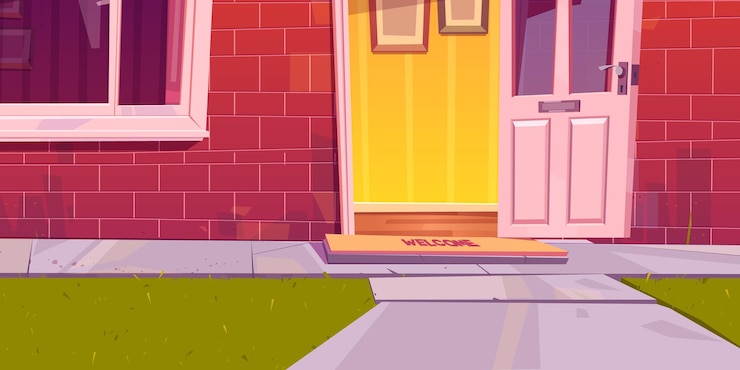 Gratis Vector welkomstmat op de vloer in de buurt van open huis deur vector
