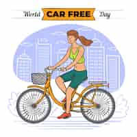 Gratis vector wereld autovrije dag met vrouw op de fiets
