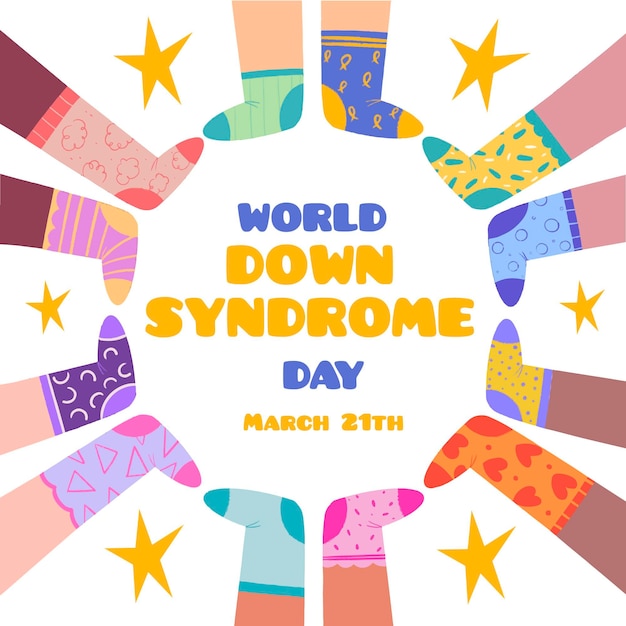 Wereld down syndroom dag illustratie met kinderen die sokken dragen
