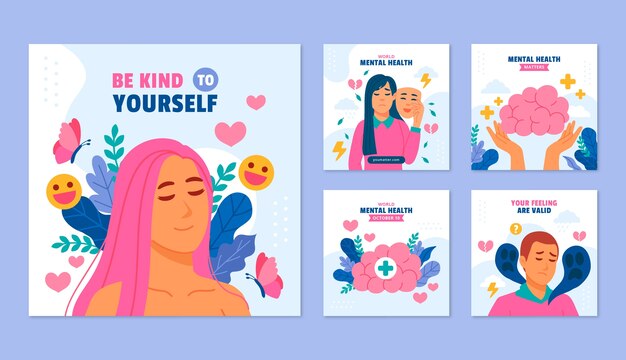 Wereld geestelijke gezondheid dag platte ontwerp instagram posts collectie