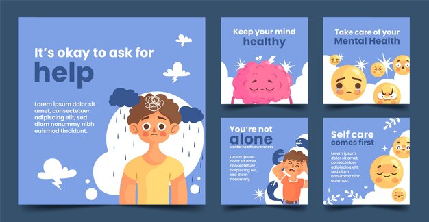Wereld geestelijke gezondheid dag platte ontwerp instagram posts collectie