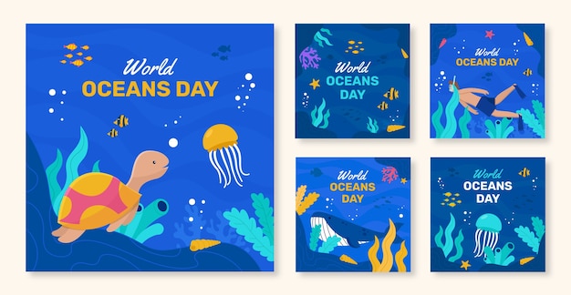 Gratis vector wereld oceanen dag handgetekende platte ig post collectie